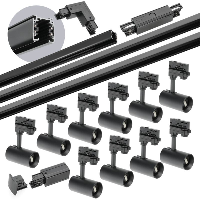 Zestaw szynowy 3-fazowy Kobi 1m+2m+2m, 10x Lampa, łącznik I + L czarny 1kpl.