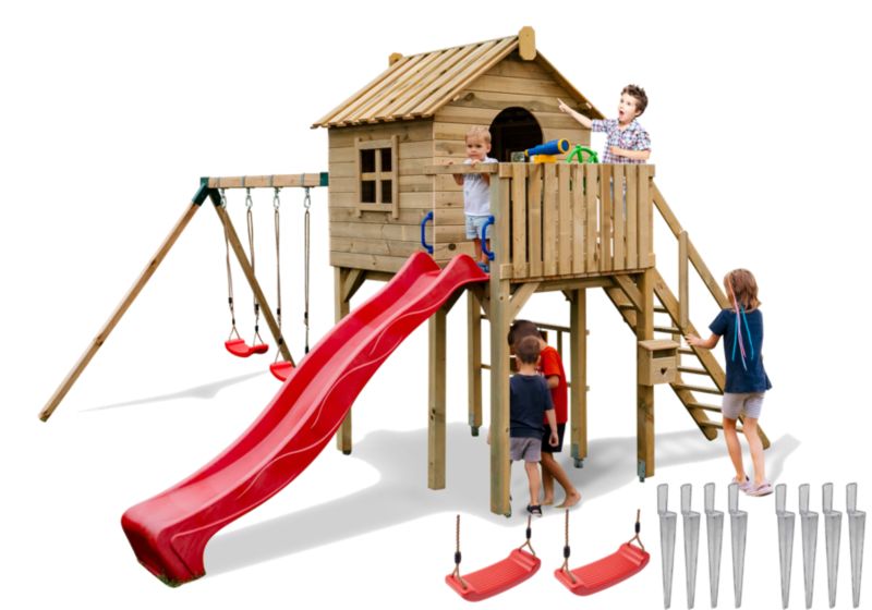 Plac zabaw dla dzieci Meblogród Przytulny Domek czerwona zjeżdżalnia i huśtawki, domek z tarasem, 1kpl