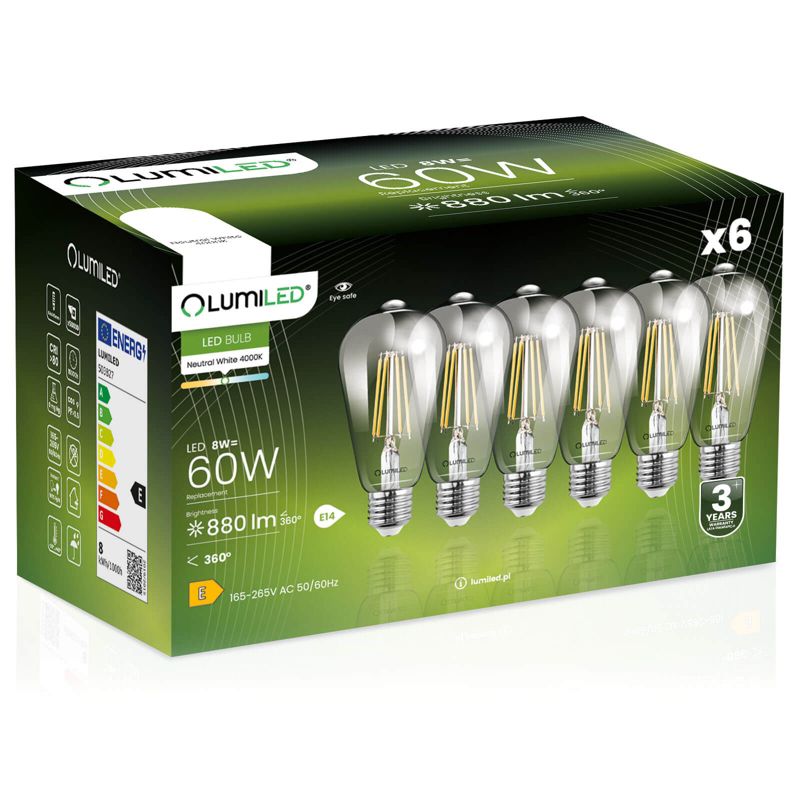 Żarówka LED LUMILED E27 ST64 8W 880lm 4000K 360st FILAMENT 6 szt.