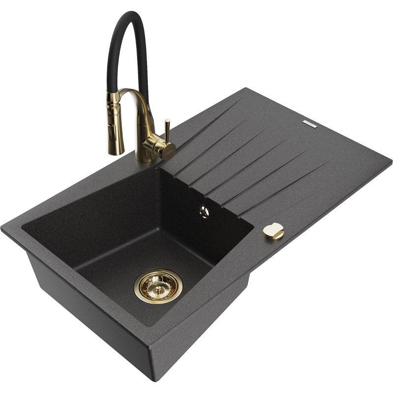 Zlewozmywak granitowy 1-komorowy Mexen Cesar z ociekaczem i baterią kuchenną Aster czarny nakrapiany 6514-76-73450-57-G