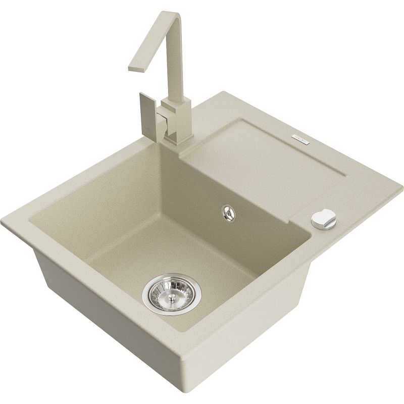 Zlewozmywak granitowy 1-komorowy Mexen Enzo z ociekaczem i baterią kuchenną Rita beżowy - 6506-69-670300-70 1 szt.