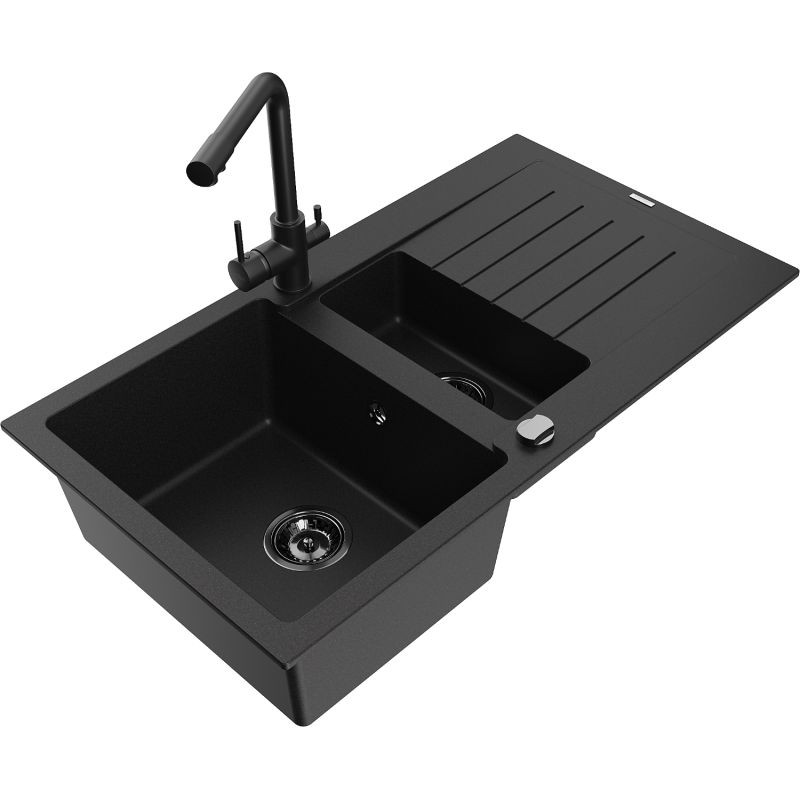 Zlewozmywak granitowy 1.5-komorowy Mexen Matias z ociekaczem i baterią kuchenną Duero czarny - 6502-77-671600-50-B 1 szt.