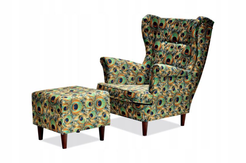 Fotel uszak do salonu z podnóżkiem Family Meble ARI PRINT pawie oko 1szt