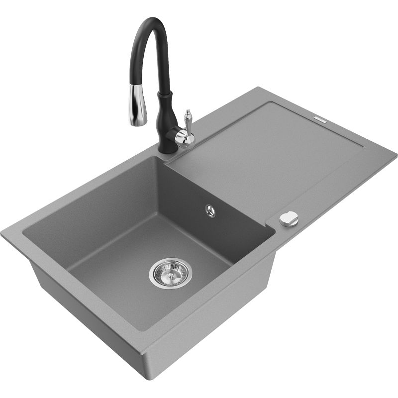 Zlewozmywak granitowy 1-komorowy Mexen Leo z ociekaczem i baterią kuchenną Savita szary 6501-71-672601-70