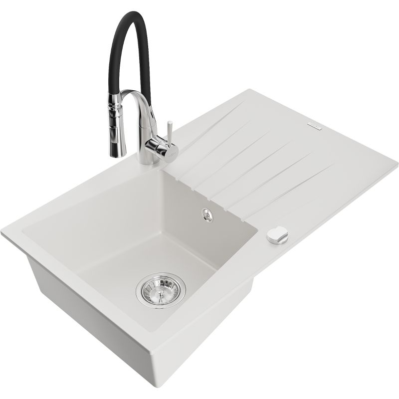 Zlewozmywak granitowy 1-komorowy Mexen Cesar z ociekaczem i baterią kuchenną Aster biały 6514-20-73450-07