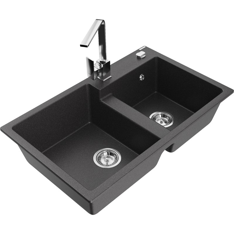 Zlewozmywak granitowy 2-komorowy Mexen Tomas z baterią kuchenną Rita czarny nakrapiany 6516-76-670300-00