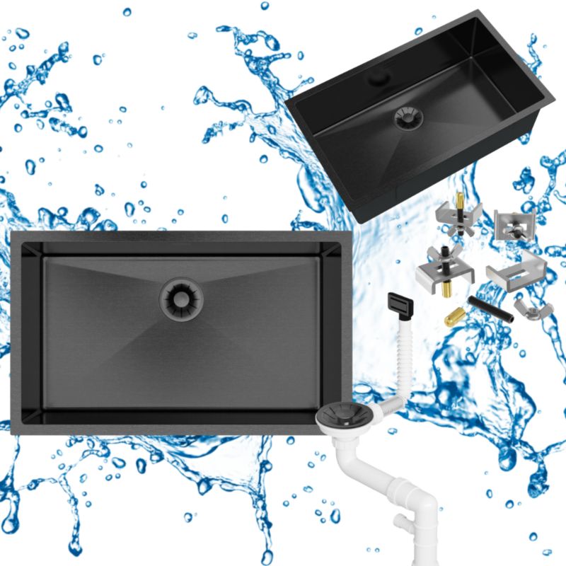 Zlewozmywak stalowy Jednokomorowy Granitan Silvo75 Podblatowy Kuchenny z syfonem Czarny LUX 1kpl.