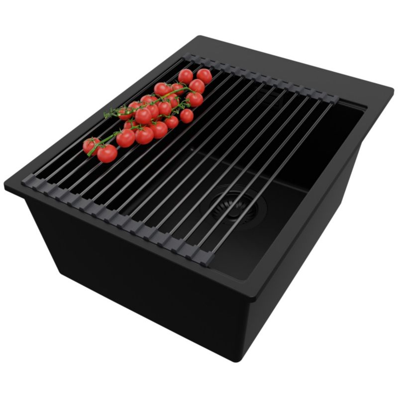 Zlewozmywak Oslo PRIMAGRAN Nablatowy 38x50cm do szafki od 40cm z Syfonem i Dodatkiem Cały Czarny 1 szt.