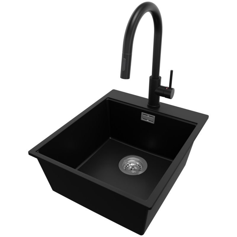 Zlewozmywak Granitowy Oslo PRIMAGRAN Nablatowy 43x50cm do szafki od 45cm z Syfonem i Baterią Czarny 1 szt.