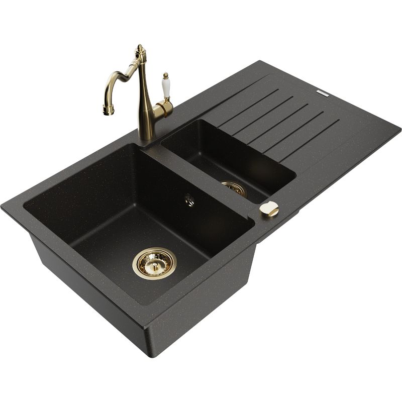 Zlewozmywak granitowy 1.5-komorowy Mexen Matias z ociekaczem i baterią kuchenną Carla czarny/złoty metalik 6502-75-670700-50