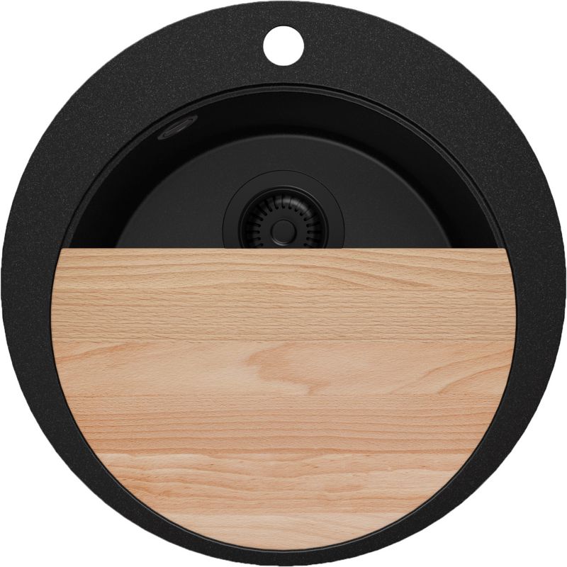 Zlewozmywak Okrągły Piza PRIMAGRAN Nablatowy 50x50cm do szafki od 45cm, Cały Czarny + Syfon + Deska, S032, 1 szt.