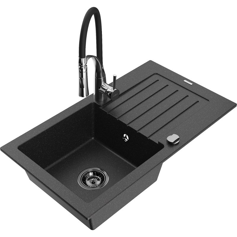 Zlewozmywak granitowy 1-komorowy Mexen Pablo z ociekaczem i baterią kuchenną Aster czarny/srebrny metalik 6510-73-73450-07-B