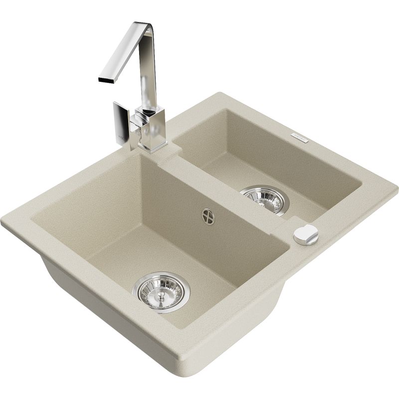 Zlewozmywak granitowy 1.5-komorowy Mexen Carlos z baterią kuchenną Rita beżowy 6518-69-670300-00