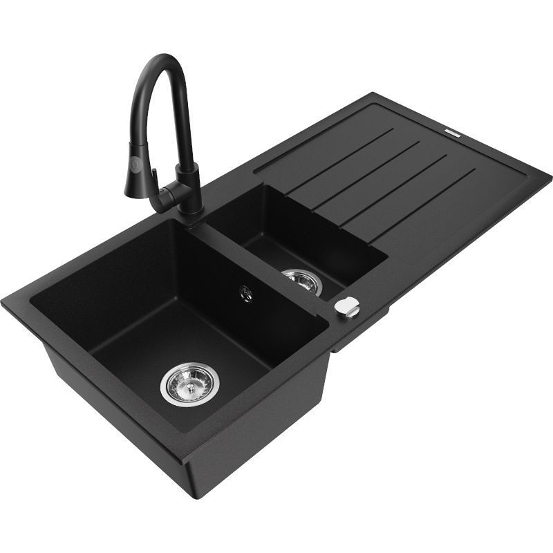 Zlewozmywak granitowy 1.5-komorowy Mexen Andres z ociekaczem i baterią kuchenną Elia czarny - 6515-77-670101-50 1 szt.