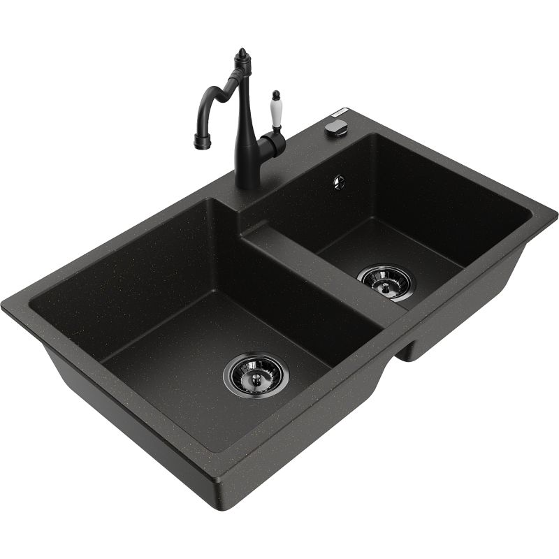 Zlewozmywak granitowy 2-komorowy Mexen Tomas z baterią kuchenną Carla szary - 6516-71-670700-50 1 szt.