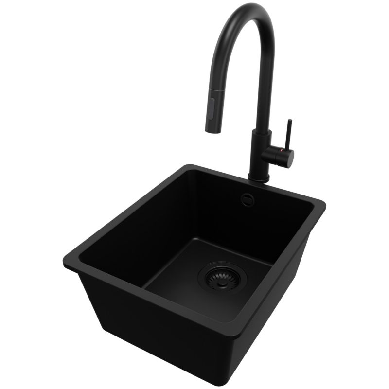 Zlewozmywak Granitowy Wenecja Slim Easy PRIMAGRAN Nablatowy 36x44cm, Cały Czarny + Bateria + Syfon, S016, 1 szt.