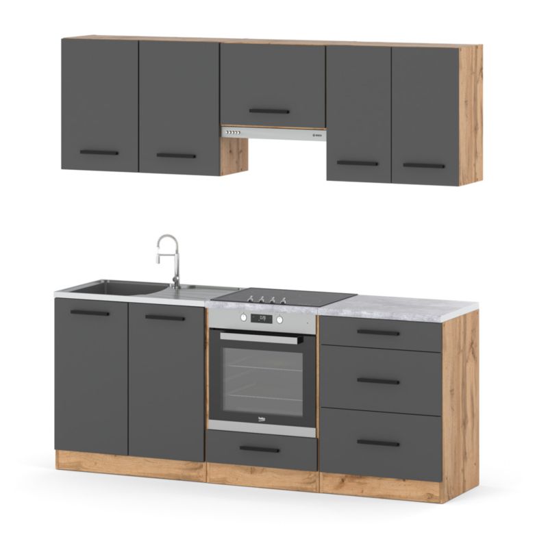 Zestaw Kuchenny Hurtownia-Mebli Z Blatem Kuchnia Mini Mokka Full 200cm Dąb Wotan Szary Mat 200x47x145 cm 1szt.