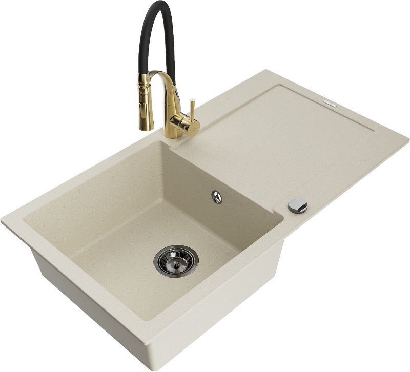 Zlewozmywak granitowy Mexen Leo 1-komorowy z ociekaczem i baterią kuchenną Aster beżowy - 6501-69-73450-07 1 szt.