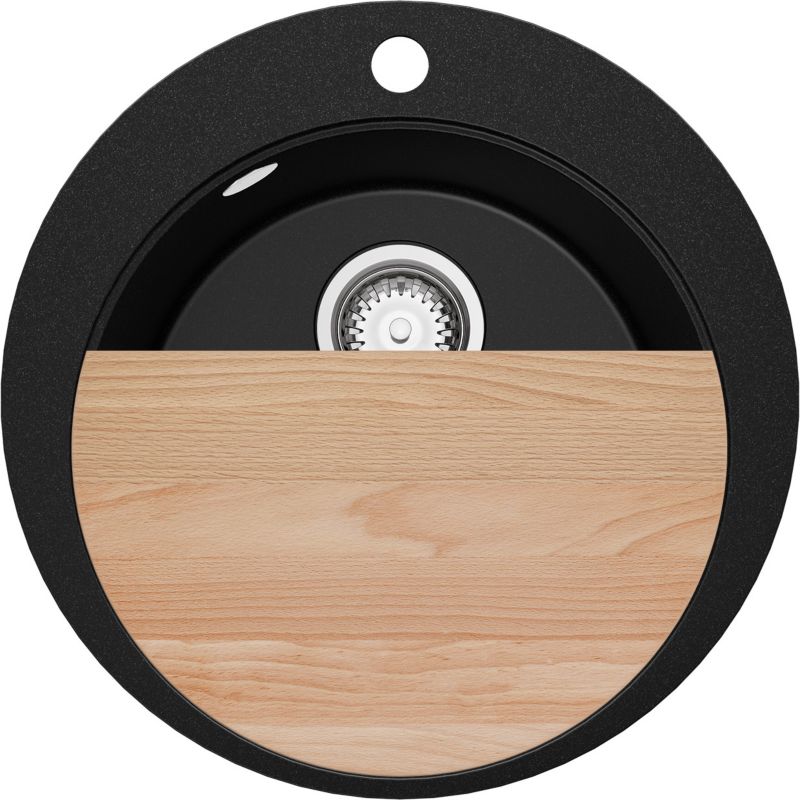 Zlewozmywak Okrągły Piza PRIMAGRAN Nablatowy 50x50cm do szafki od 45cm, Czarny + Syfon + Deska, S027, 1 szt.