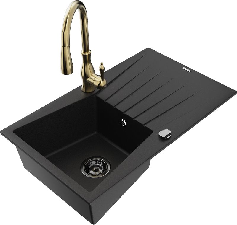 Zlewozmywak granitowy Mexen Cesar 1-komorowy z ociekaczem i baterią kuchenną Savita czarny - 6514-77-672601-70 1 szt.