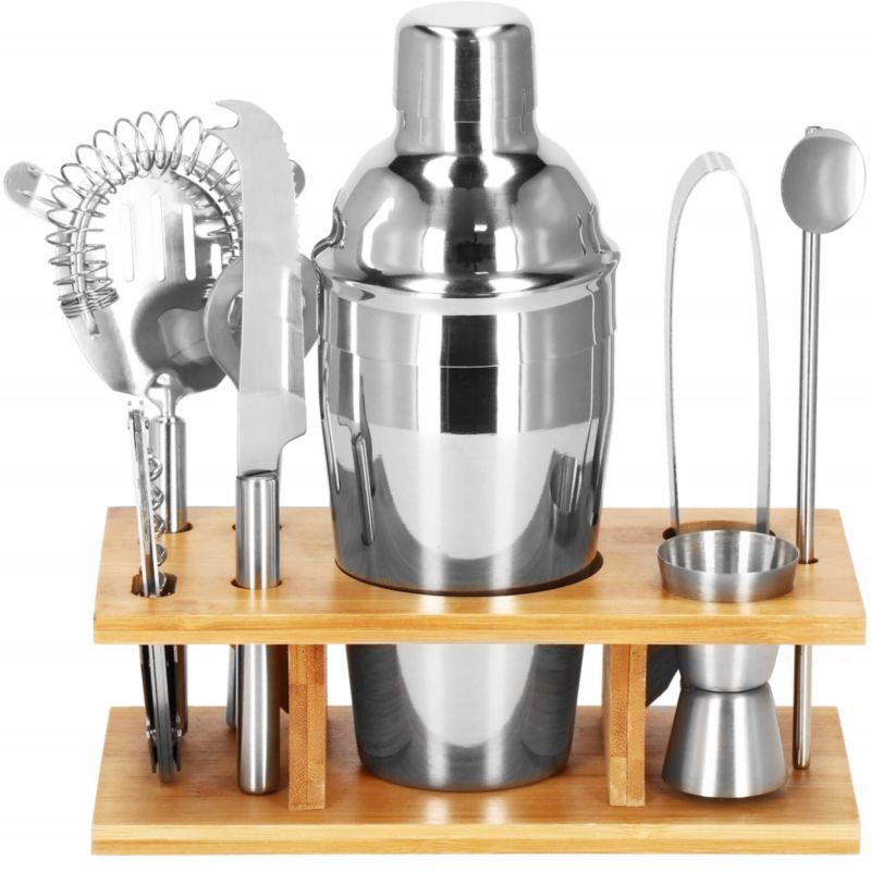 Zestaw barmański Springos 9 elementów z podstawką bambusową srebrny 1 kpl.