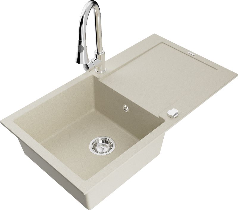 Zlewozmywak granitowy Mexen Leo 1-komorowy z ociekaczem i baterią kuchenną Elia beżowy - 6501-69-670101-70 1 szt.