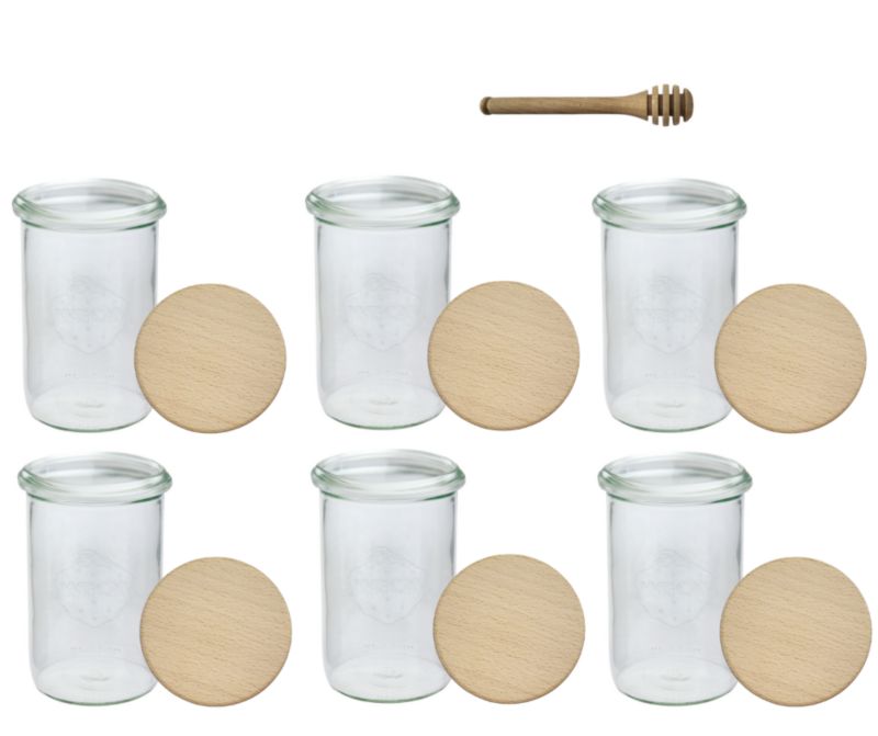 Słoiki MODO24 Weck 1050 ml fi 100 mold drewniane wieka nabierak 6 kpl.