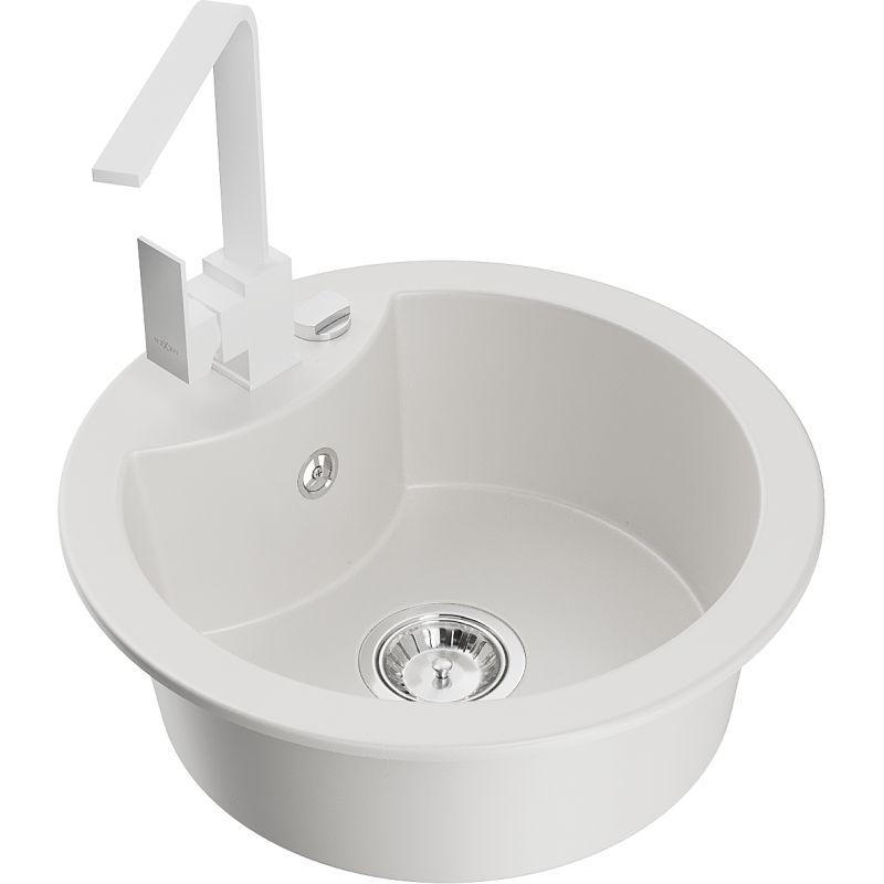 Zlewozmywak granitowy 1-komorowy Mexen Diego z baterią kuchenną Rita biały 6512-20-670300-20