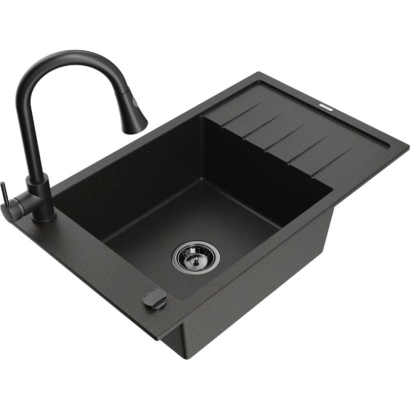 Zlewozmywak granitowy 1-komorowy Mexen Elias z ociekaczem i baterią kuchenną Elia czarny/złoty metalik 6511-75-670101-70-B