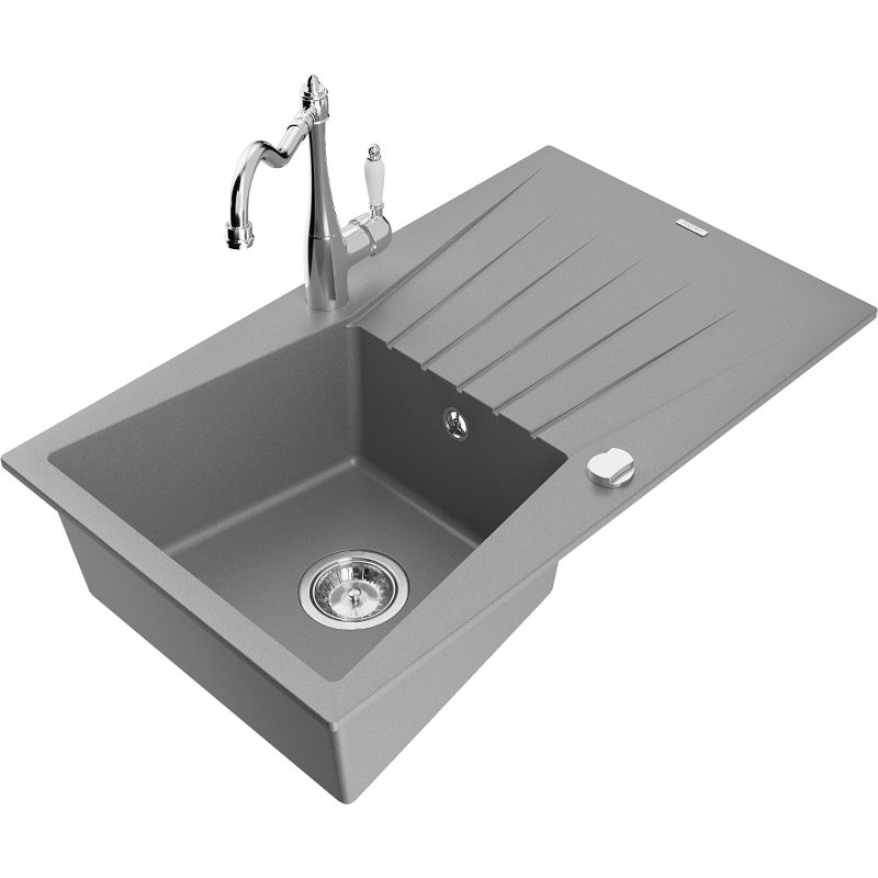Zlewozmywak granitowy 1-komorowy Mexen Cesar z ociekaczem i baterią kuchenną Carla szary - 6514-71-670700-70-B 1 szt.