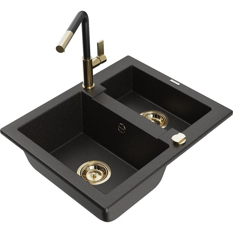 Zlewozmywak granitowy 1.5-komorowy Mexen Carlos z baterią kuchenną Flora czarny/złoty metalik 6518-75-670401-57-G