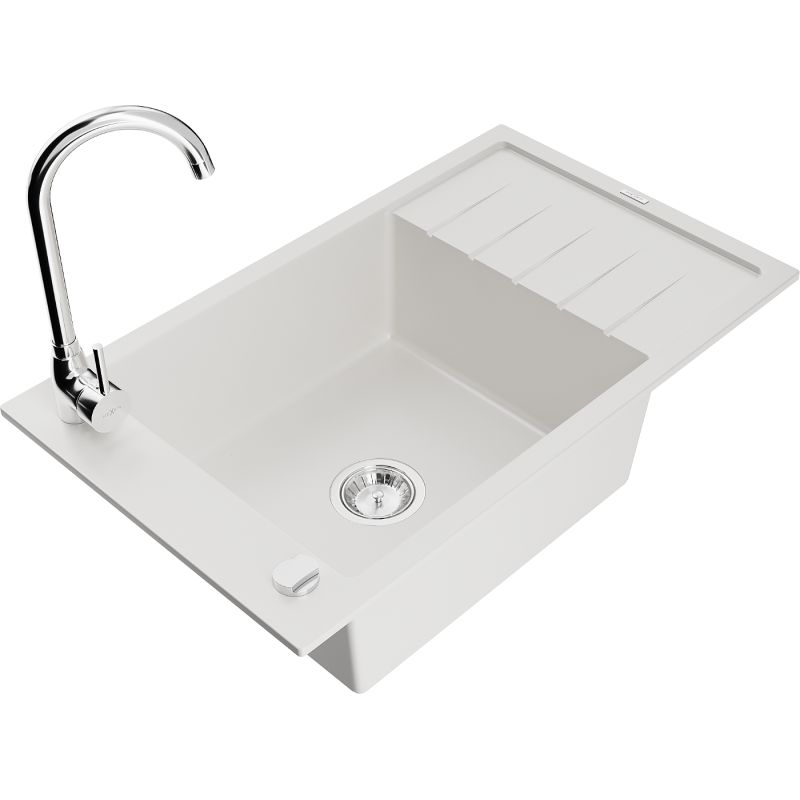 Zlewozmywak granitowy 1-komorowy Mexen Elias z ociekaczem i baterią kuchenną Telma biały 6511-20-670200-00