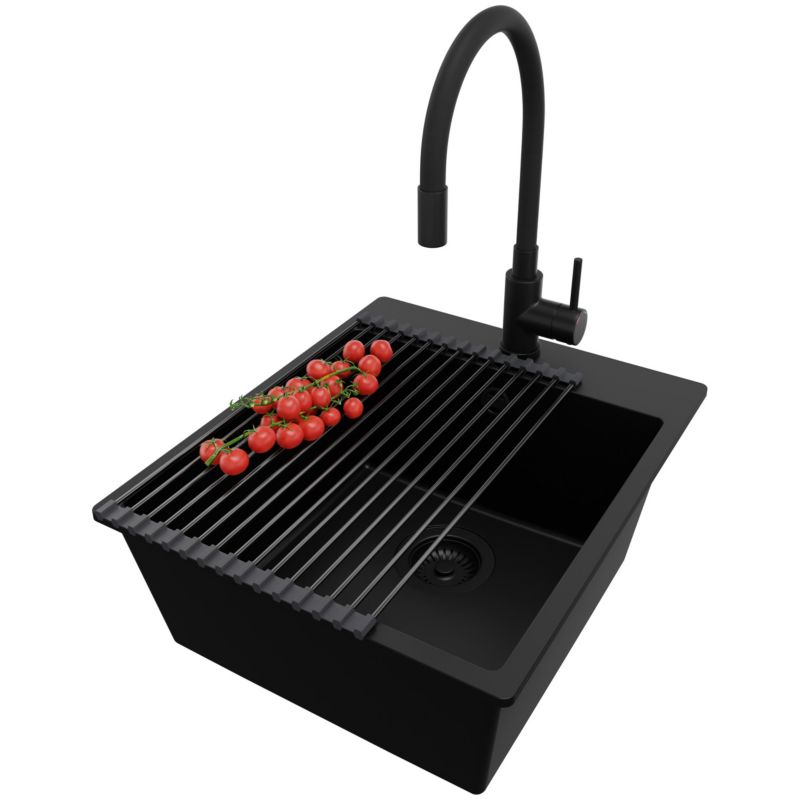 Zlewozmywak Granitowy Ryga PRIMAGRAN Nablatowy 43x50cm do szafki od 45cm z Syfonem i Baterią i Dodatkiem Cały Czarny 1 szt.