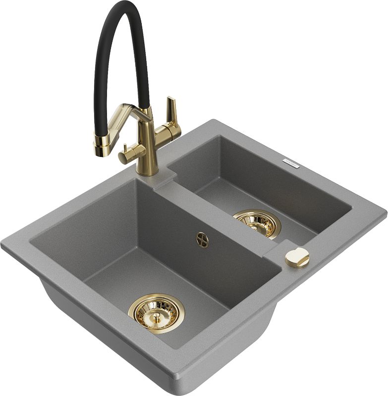 Zlewozmywak granitowy Mexen Carlos 1,5-komorowy z baterią kuchenną Duo szary 6518-71-671701-57-G