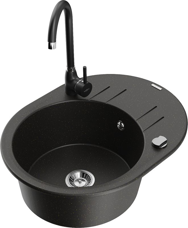 Zlewozmywak granitowy Mexen Kevin 1-komorowy z ociekaczem i baterią kuchenną Telma czarny/złoty 6517-75-670200-70