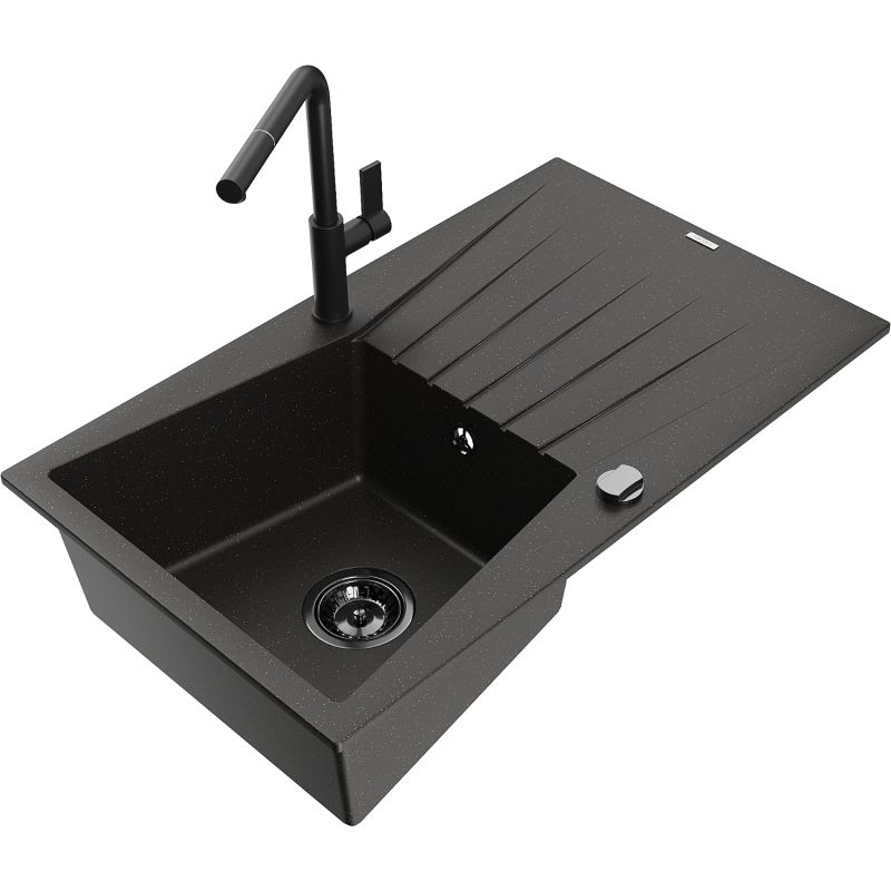 Zlewozmywak granitowy 1-komorowy Mexen Cesar z ociekaczem i baterią kuchenną Flora szary - 6514-71-670401-07-B 1 szt.