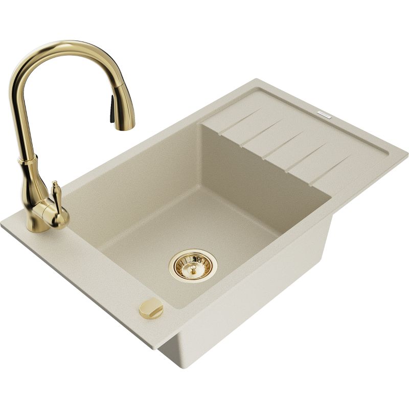 Zlewozmywak granitowy 1-komorowy Mexen Elias z ociekaczem i baterią kuchenną Savita biały - 6511-20-672601-00 1 szt.