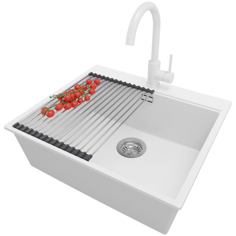 Zlewozmywak Granitowy Oslo PRIMAGRAN Nablatowy 58x50cm do szafki od 60cm z Syfonem i Baterią i Dodatkiem Biały 1 szt.