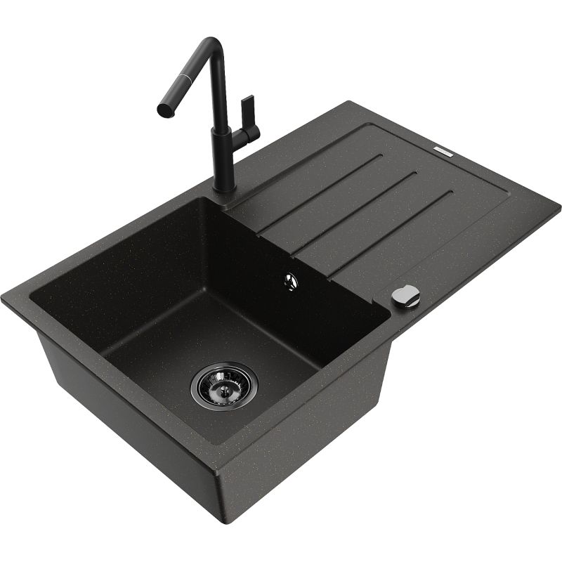 Zlewozmywak granitowy 1-komorowy Mexen Bruno z ociekaczem i baterią kuchenną Rita biały - 6513-20-670300-70 1 szt.