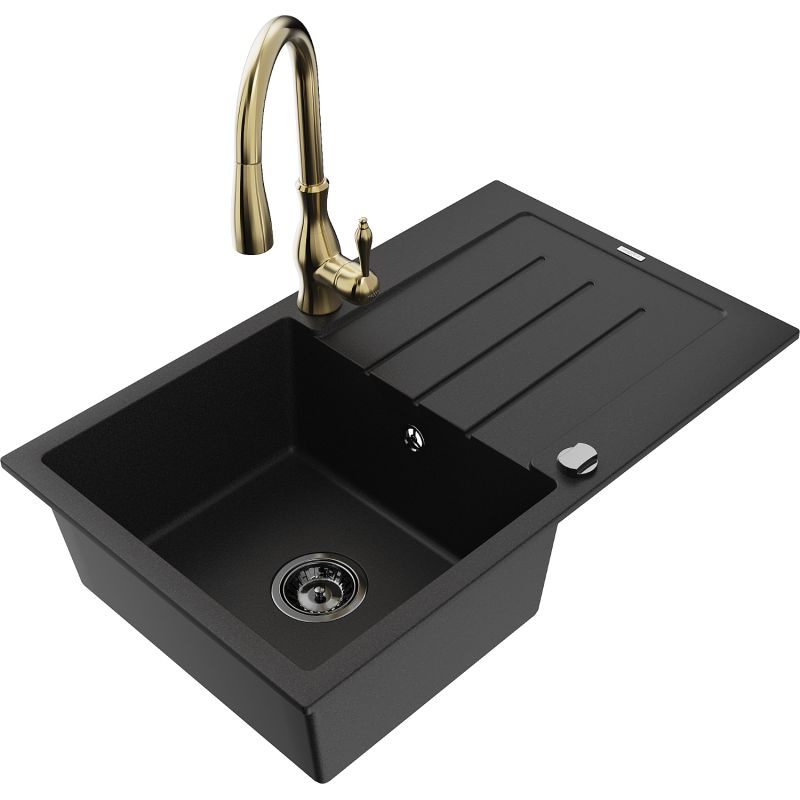 Zlewozmywak granitowy 1-komorowy Mexen Bruno z ociekaczem i baterią kuchenną Savita czarny 6513-77-672601-50-B