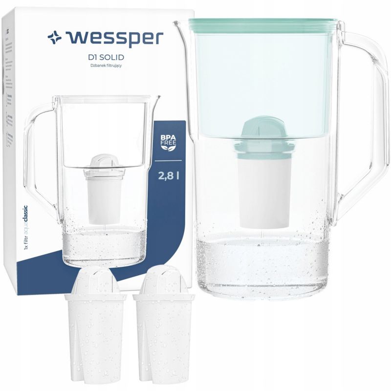 Dzbanek filtrujący, Wessper D1 SOLID, 2,8l, miętowy + 3x Filtr aquaclassic