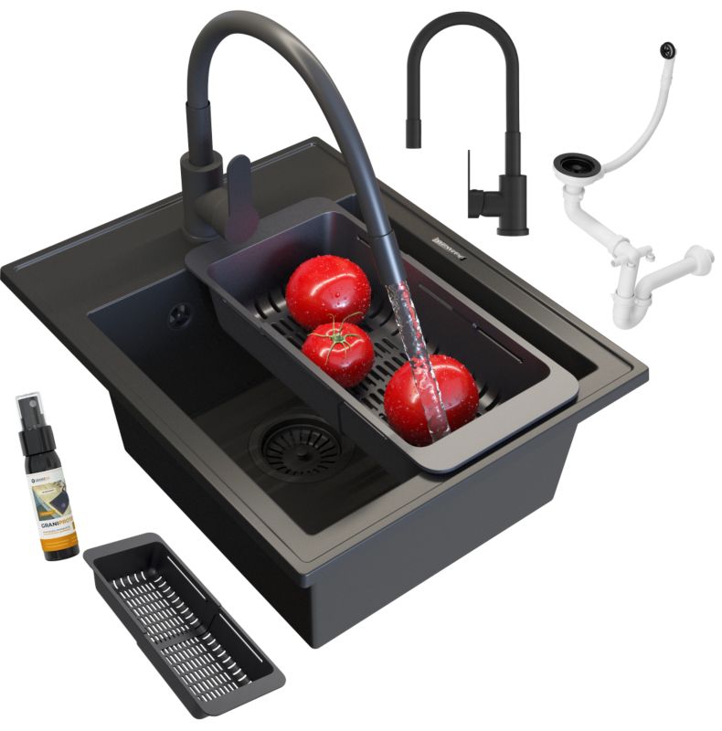 Zlewozmywak Granitowy Granitan Nero Jednokomorowy z Baterią, Syfonem i Koszykiem 1kpl.