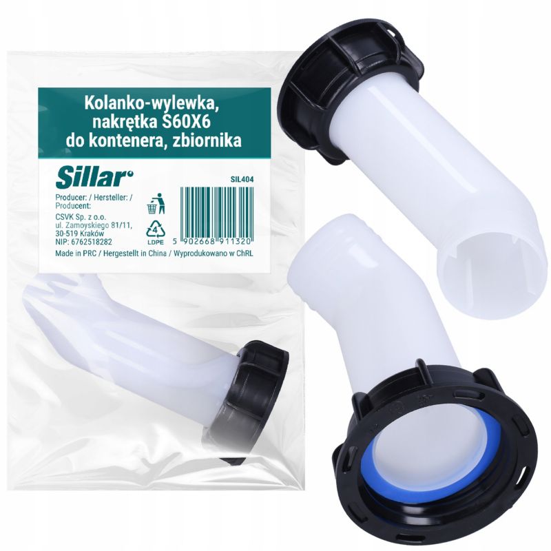 Kolanko, Sillar, do zbiornika, kontenera 1000L, zawór do IBC z nakrętką S60X6, wylewka, 1szt