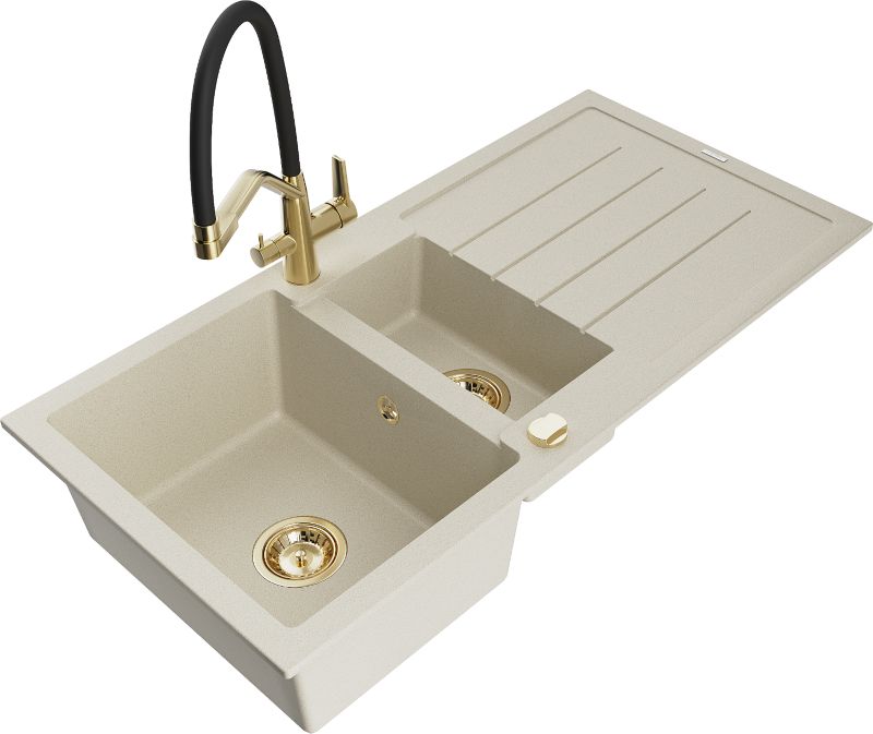 Zlewozmywak granitowy Mexen Andres 1,5-komorowy z ociekaczem i baterią kuchenną Duo beżowy 6515-69-671701-57-G