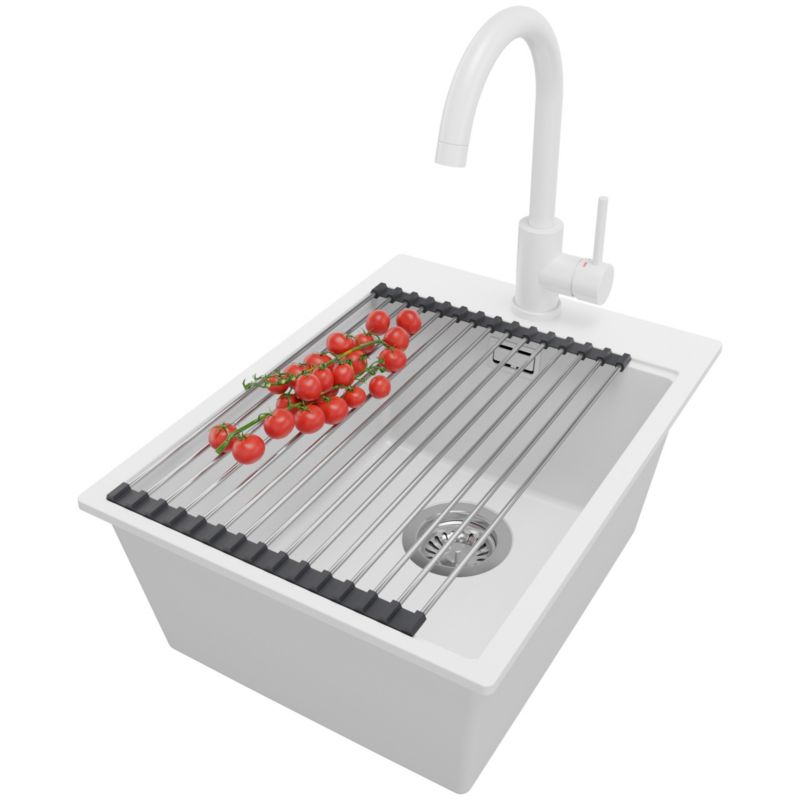 Zlewozmywak Granitowy Oslo PRIMAGRAN Nablatowy 38x50cm do szafki od 40cm z Syfonem i Baterią i Dodatkiem Biały 1 szt.