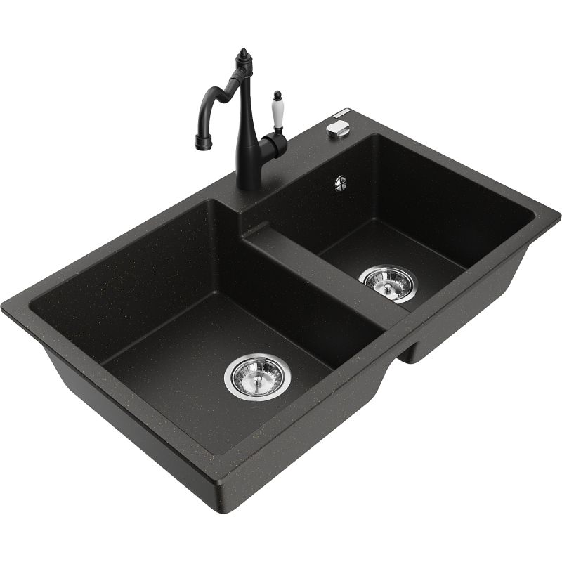 Zlewozmywak granitowy 2-komorowy Mexen Tomas z baterią kuchenną Carla czarny/złoty metalik 6516-75-670700-70