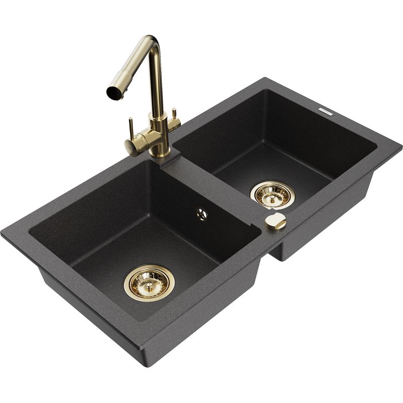 Zlewozmywak granitowy 2-komorowy Mexen Mario z baterią kuchenną Duero czarny nakrapiany 6504-76-671600-50