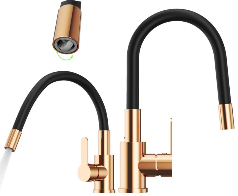 Bateria kuchenna Grado Plus Granitan z elastyczną wylewką różowe złoto obrotowy perlator