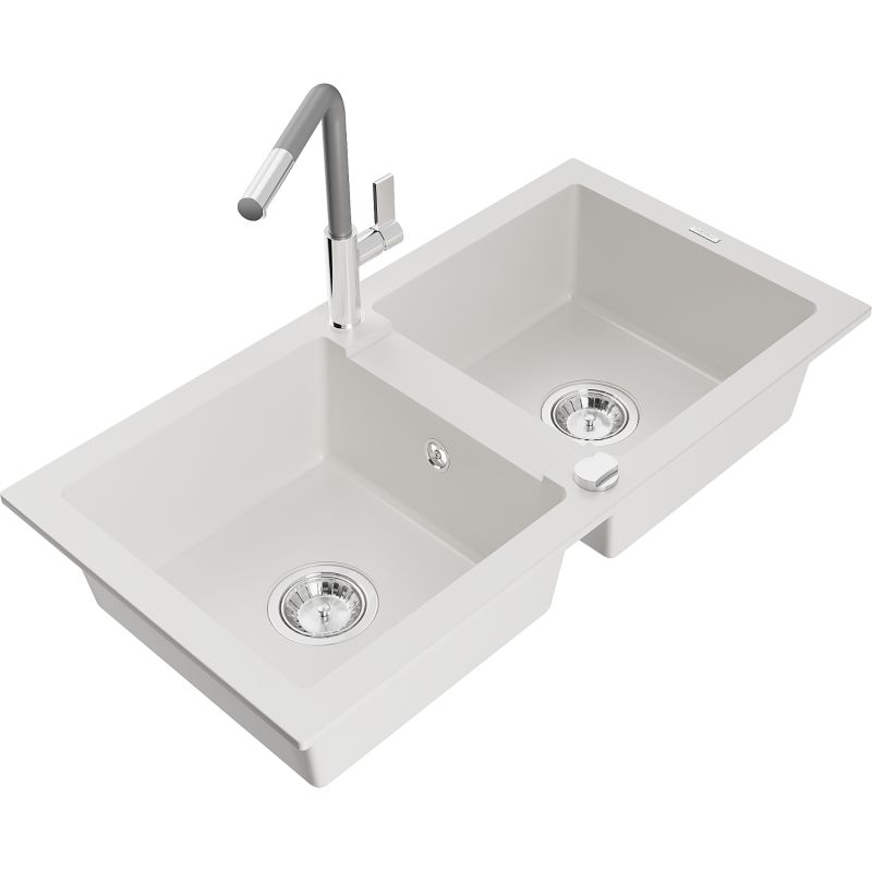 Zlewozmywak granitowy 2-komorowy Mexen Mario z baterią kuchenną Flora biały 6504-20-670401-06