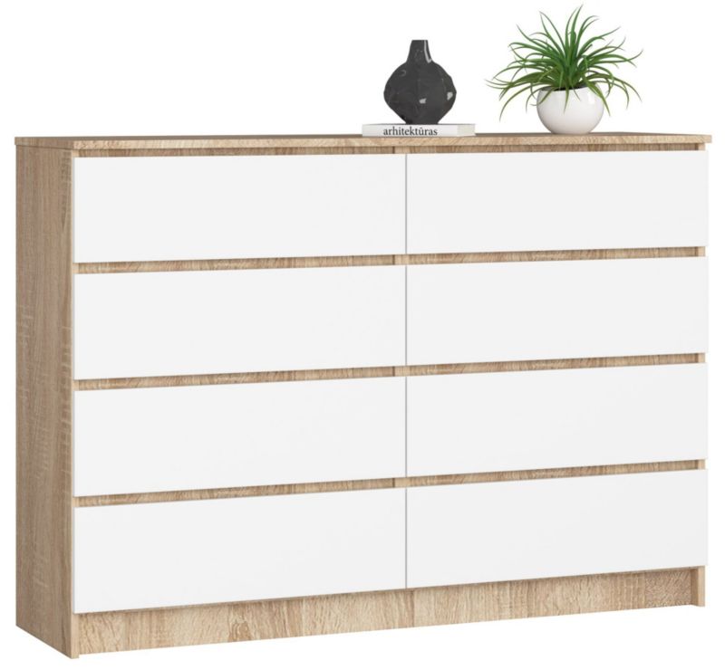 Komoda Akord K140 Dąb Sonoma 138 cm 8 szuflad kolor Biały mat 138x40x99 cm 1 szt.